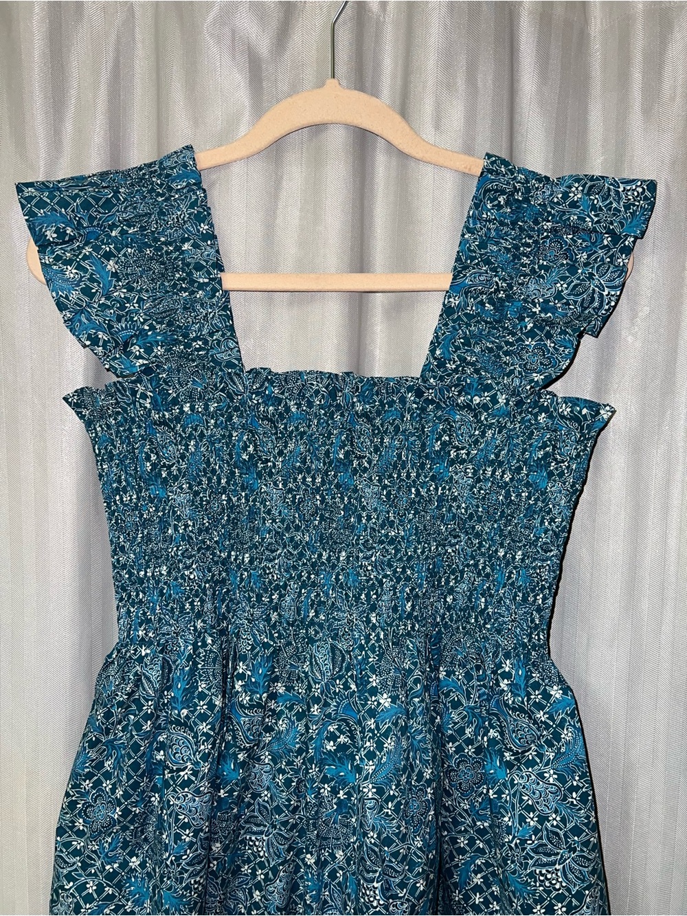 Hill House 100% Cotton Nap Dress Teal Blue Floral Smocked size L - Picture 3 of 8